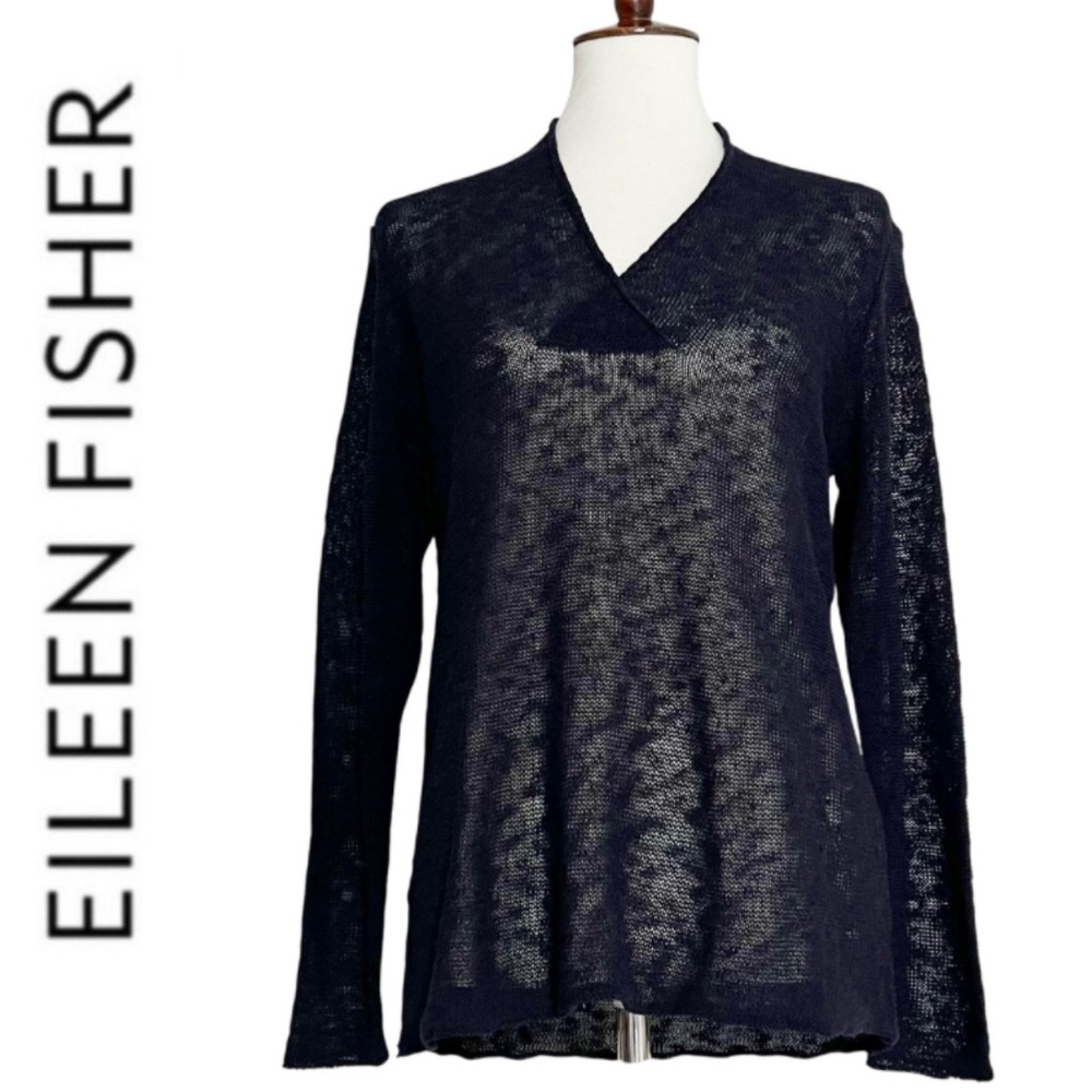 Eileen Fisher Sweater‎ Petite Medium Navy Blue Linen Blend V-Neck Sheer Knit